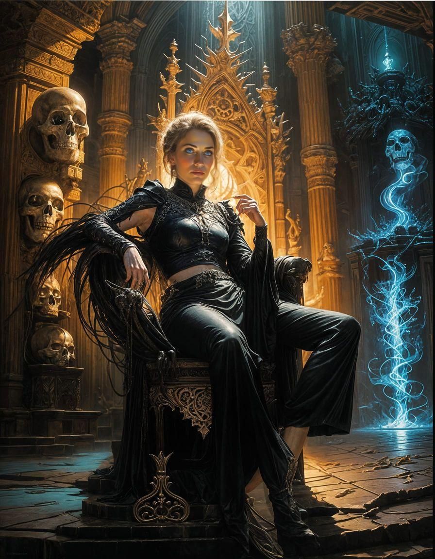 Female Occult Witch on Gothic Throne, Oil on Canvas