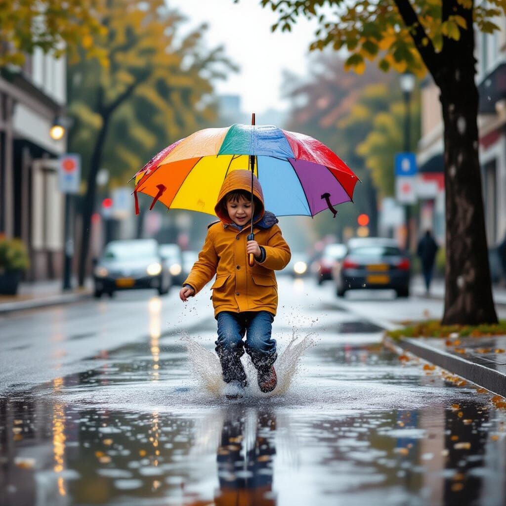 Child with Umbrella Jumps in Puddle After Rain
