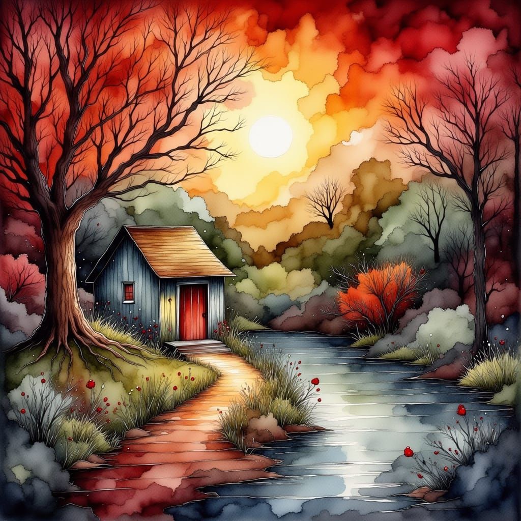 Landor's Cottage in Watercolor with Glowing Ink Outlines