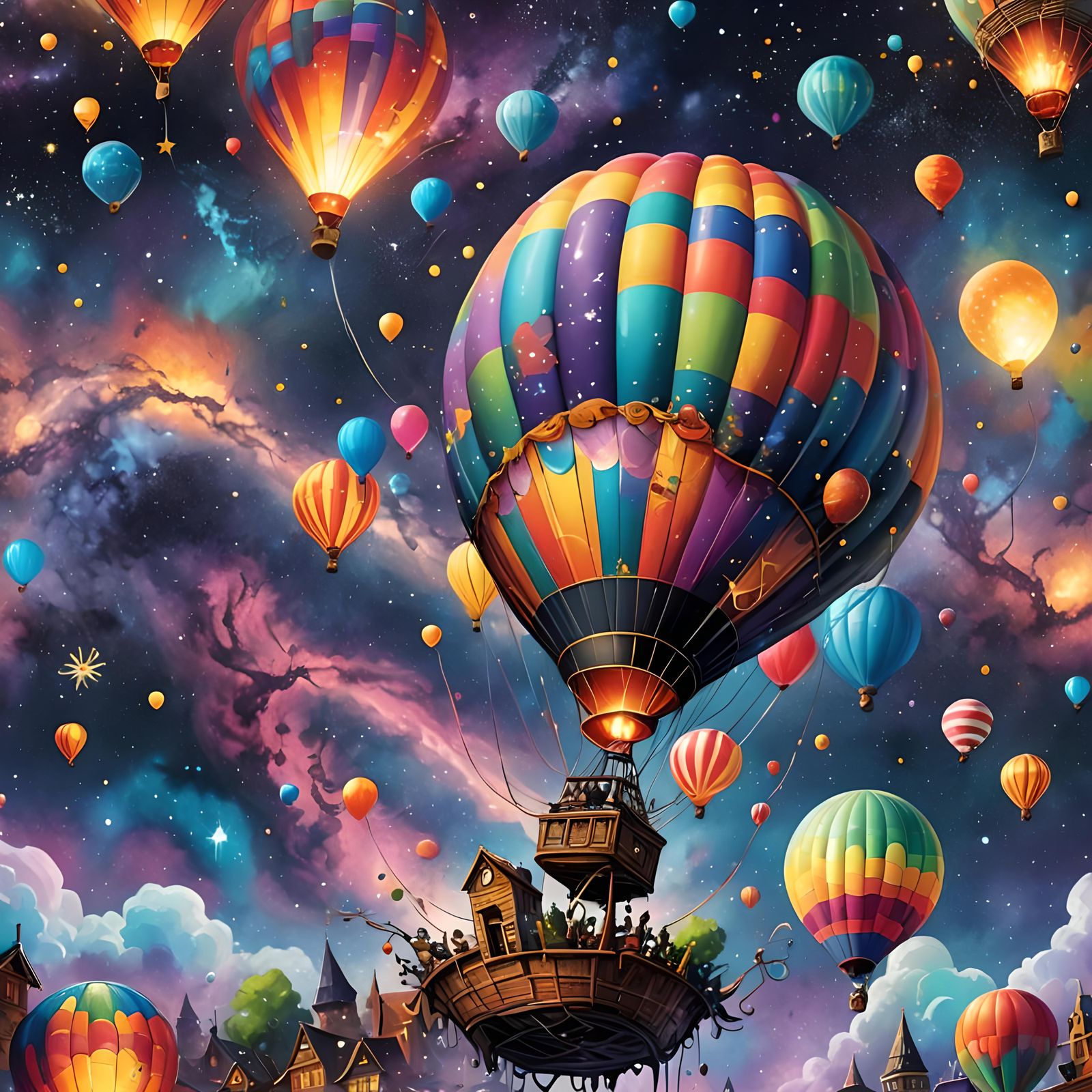Colorful Hot Air Balloon Soars Through Galaxy