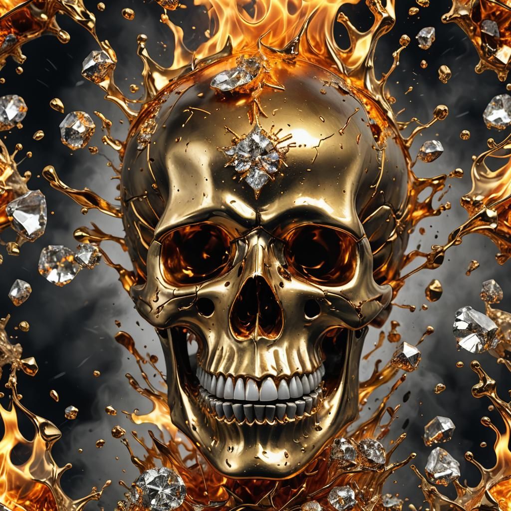 Diamond Skull Ablaze with Molten Gold Splash