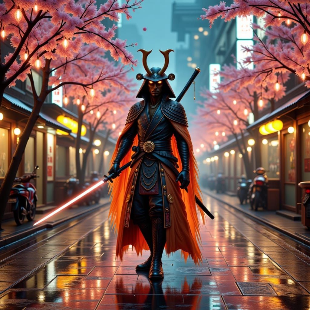 Samurai in Neon Tokyo Streets with Falling Blossoms