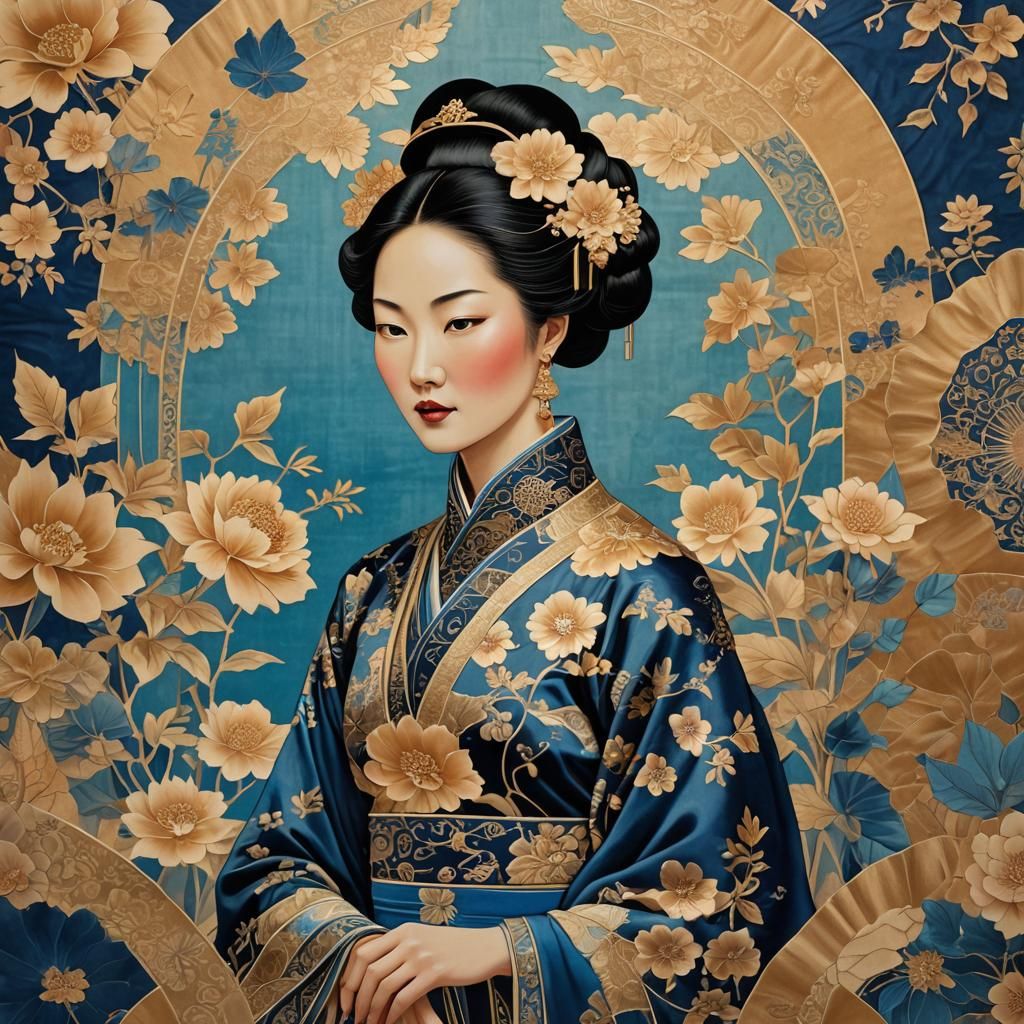 Chinese Woman in Floral Art Deco Collage
