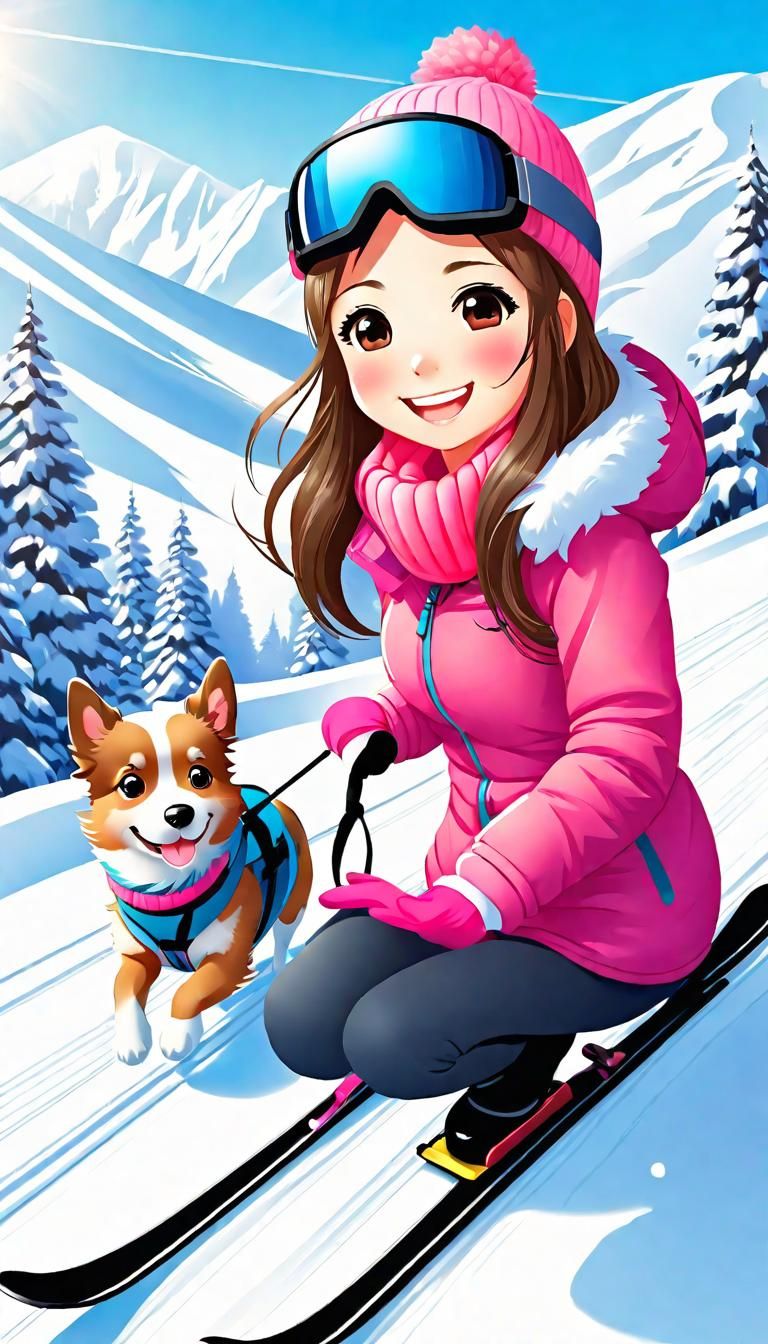Girl Sledding with Dogs at Ski Resort