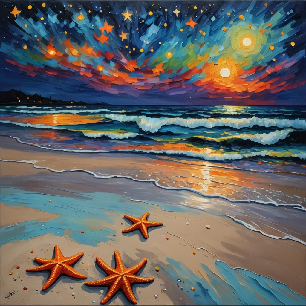 Starfish Ascend: Neo-Impressionist Beach at Night