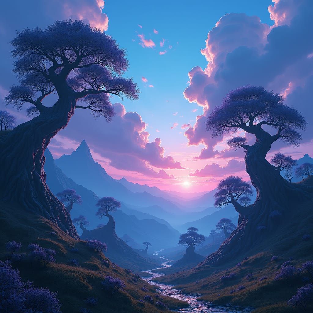 Mystical Landscape with Gnarled Trees in Dreamlike Style