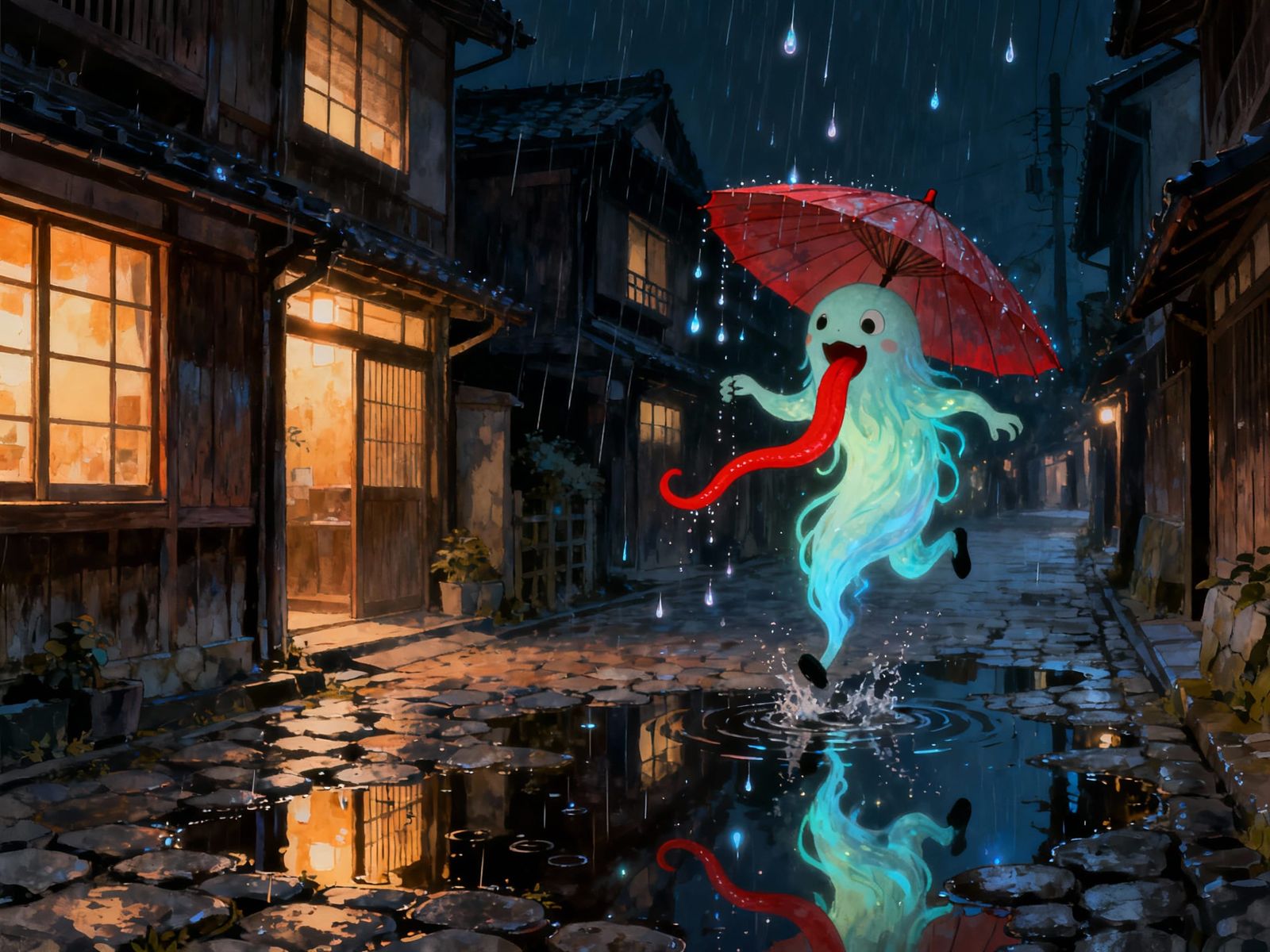 Japanese Umbrella Spirit Leaping in Kyoto Alley