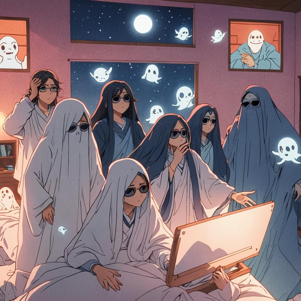 Cinematic Anime Art of Ghosts in Hazy Room