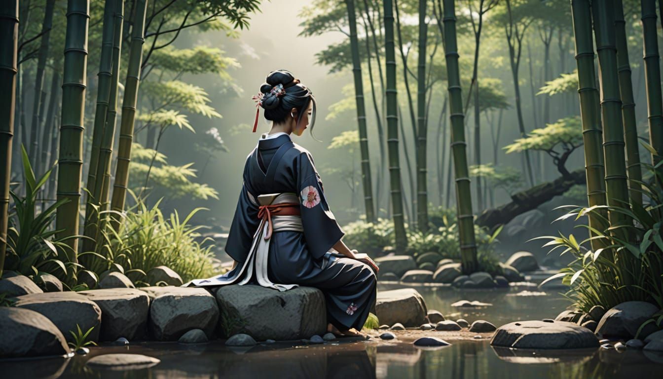 Geisha in Bamboo Garden: Japanese Ink Painting