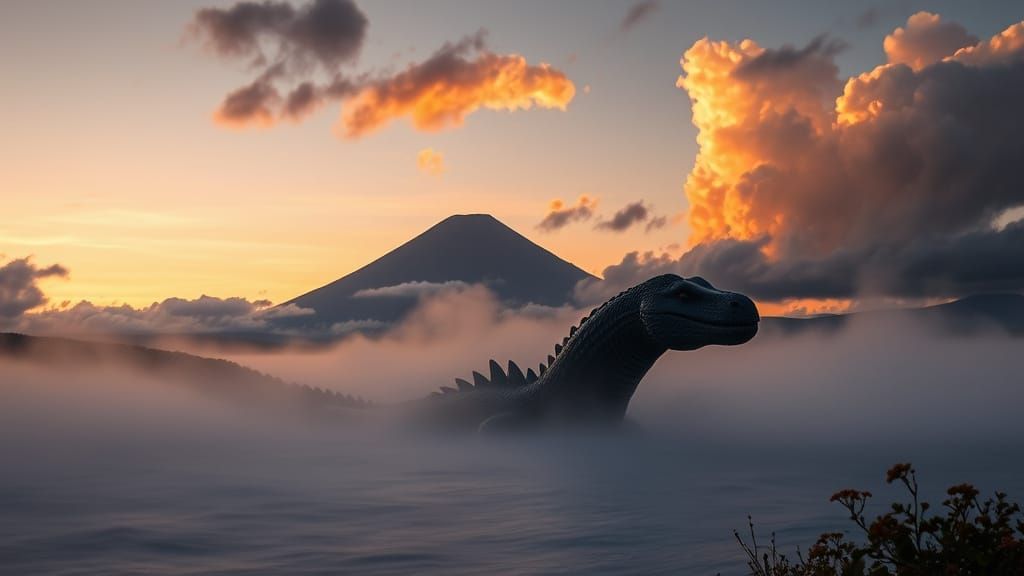 Loch Ness Monster Emerges in Misty Lake