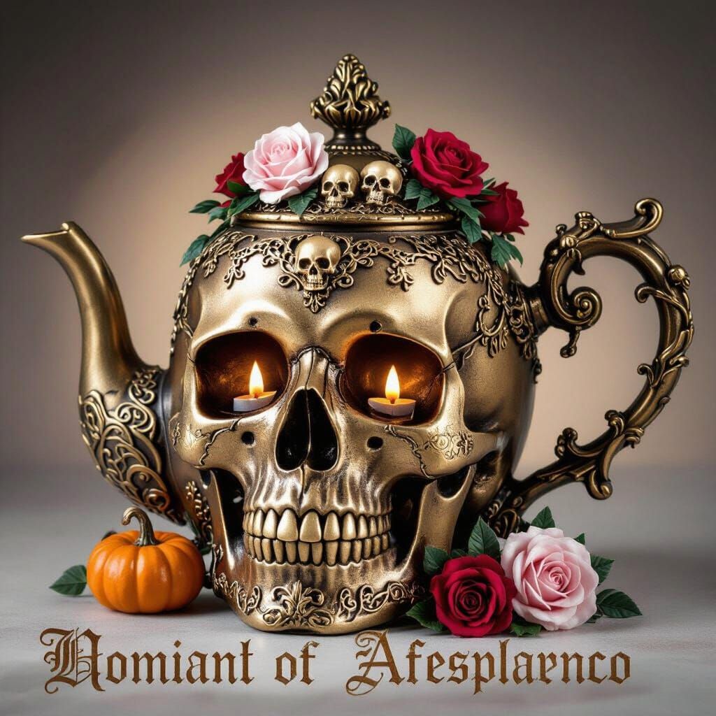 Gothic Skull Teapot with Antique Metalwork and Candlelight G...