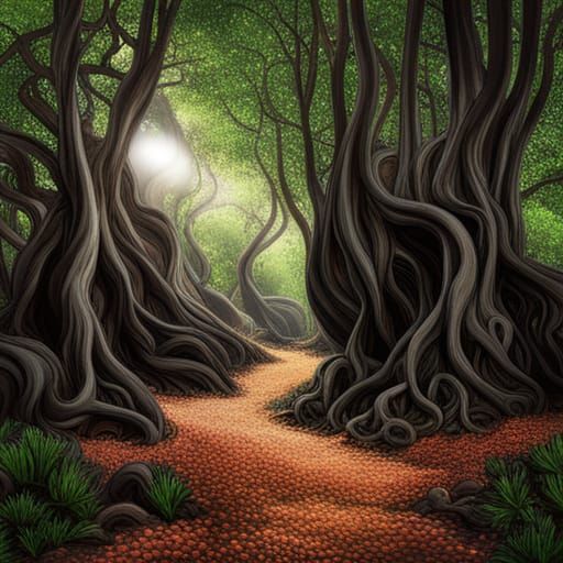 Ancient Twisted Forest in Summer Sunlight