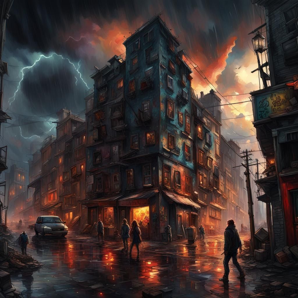 Dystopian Cityscape with Stormy Skies, Dark Fantasy Art