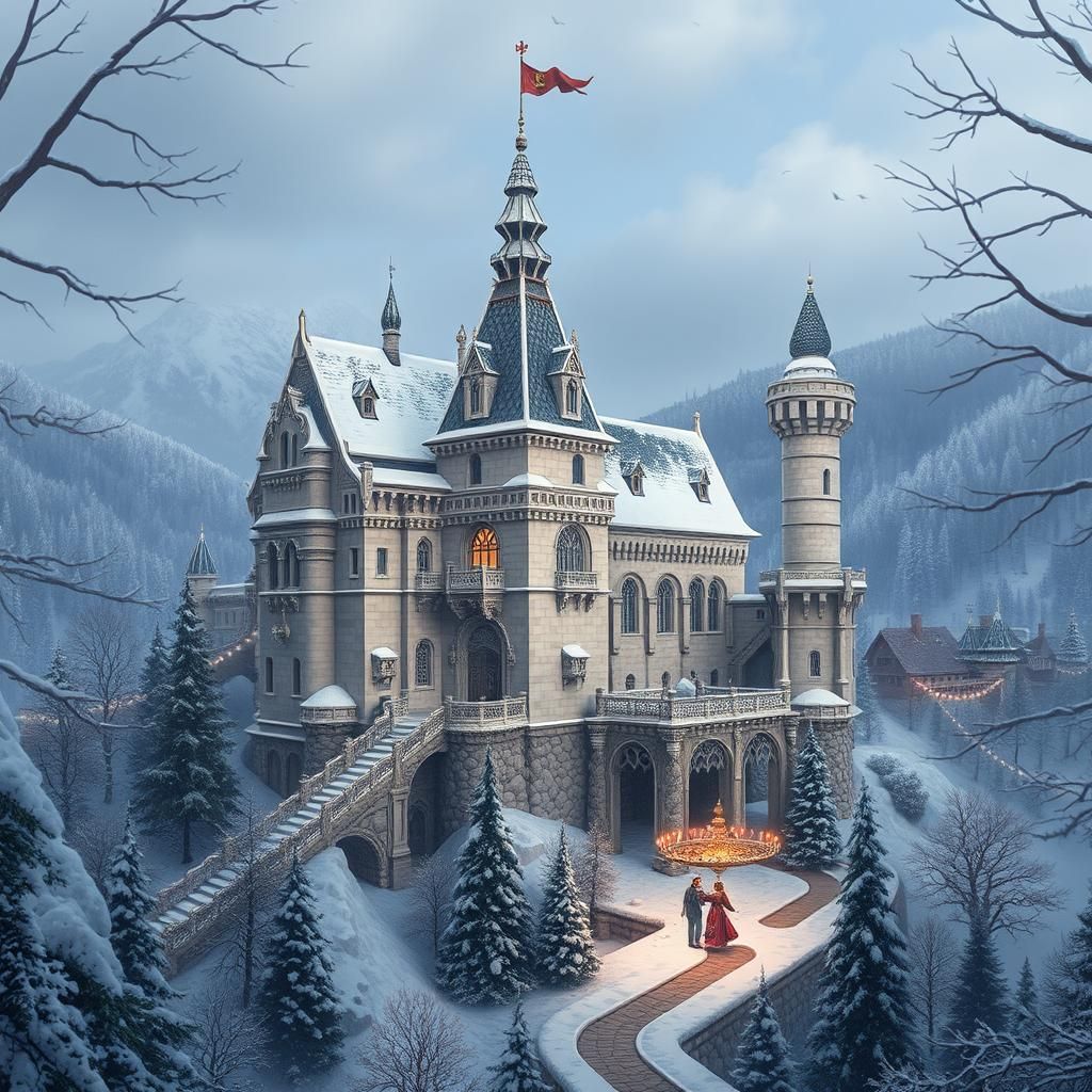 Neuschwanstein Castle in Winter Fantasy Style