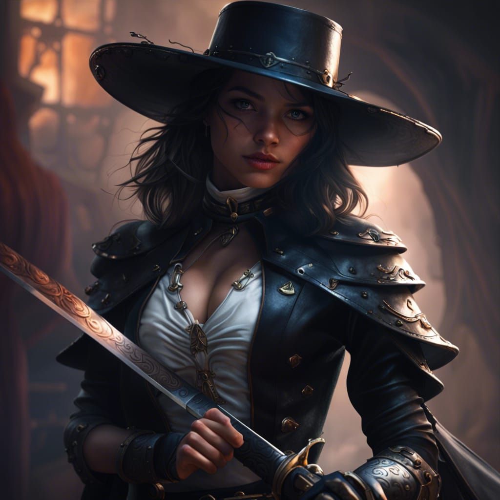 Zorro Girl Portrait by Greg Rutkowski, Alphonse Mucha