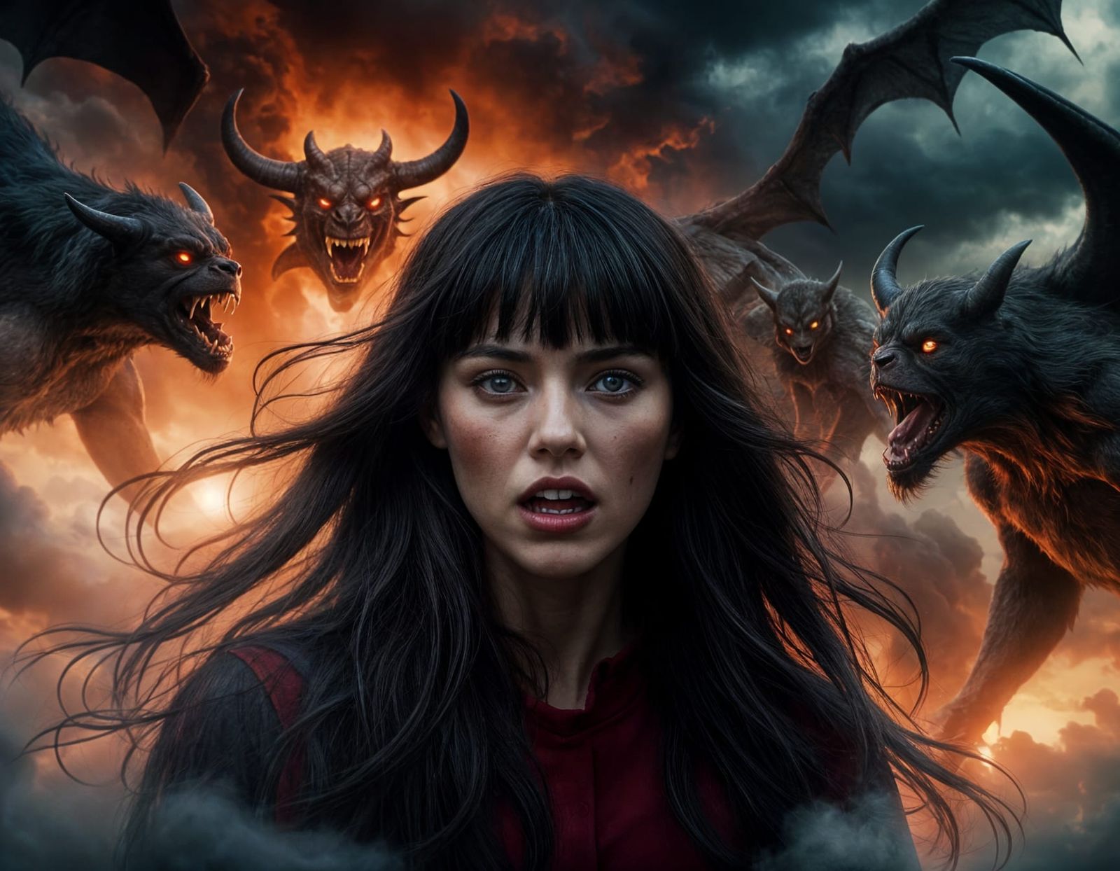 Demons Attack Woman in Cloudy Cinematic Scene