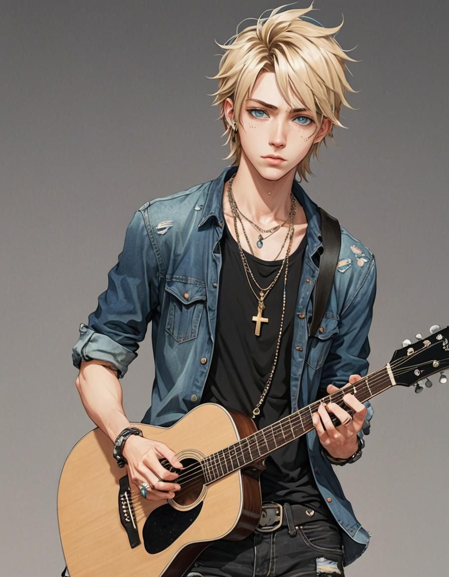 Anime Rockstar with Acoustic Guitar in Cel-Shaded Style