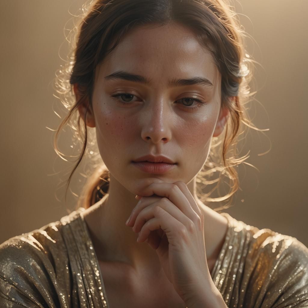 Serene Portrait in Golden Light: Hyper-Realistic Digital Art