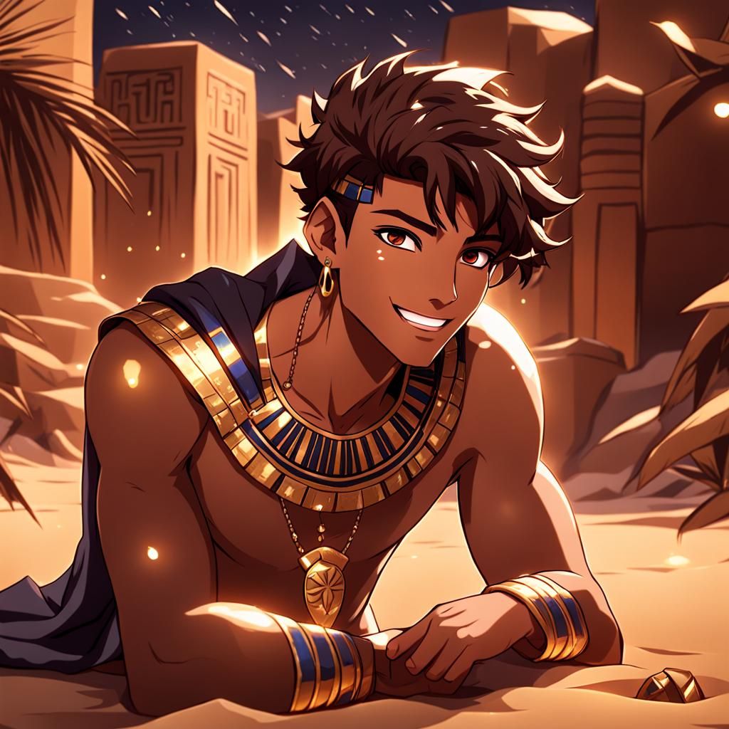 Anime Boy in Egyptian Costume in Desert Oasis