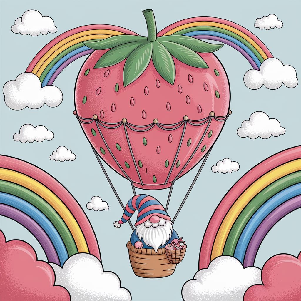 Strawberry Balloon Soaring Through Cotton Candy Skies