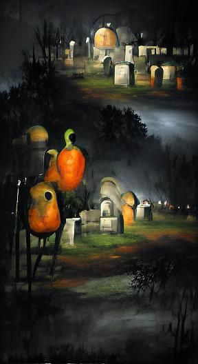 Foggy Cemetery at Night with Jack-o'-Lanterns