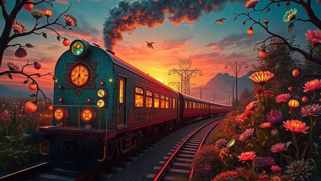Dreamlike Train Landscape in Vibrant Fantasy Art Style