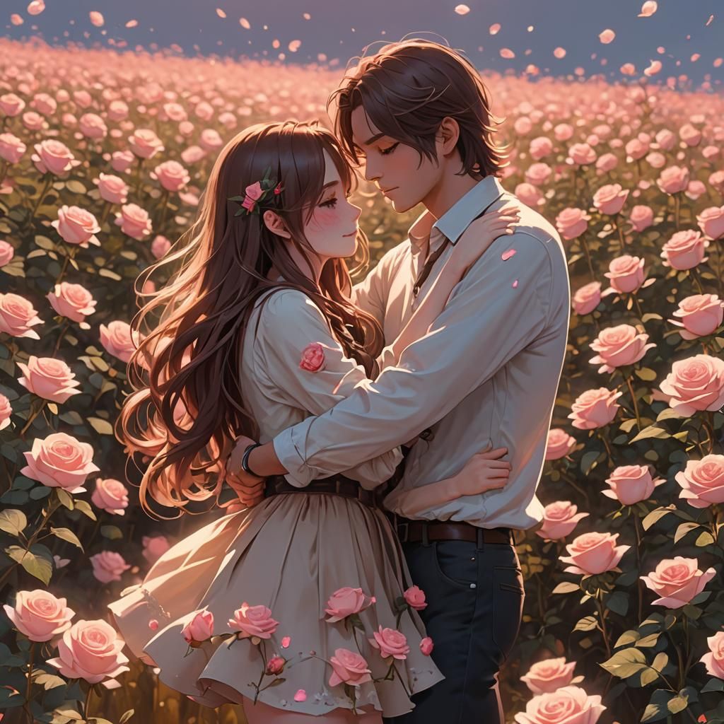 Romantic Couple in Rose Field, Anime Style