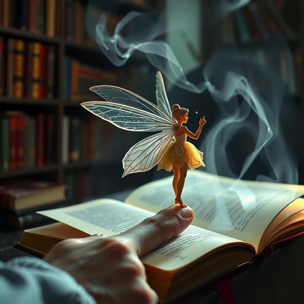 a fairy,delicate on a realistic human finger. the background...