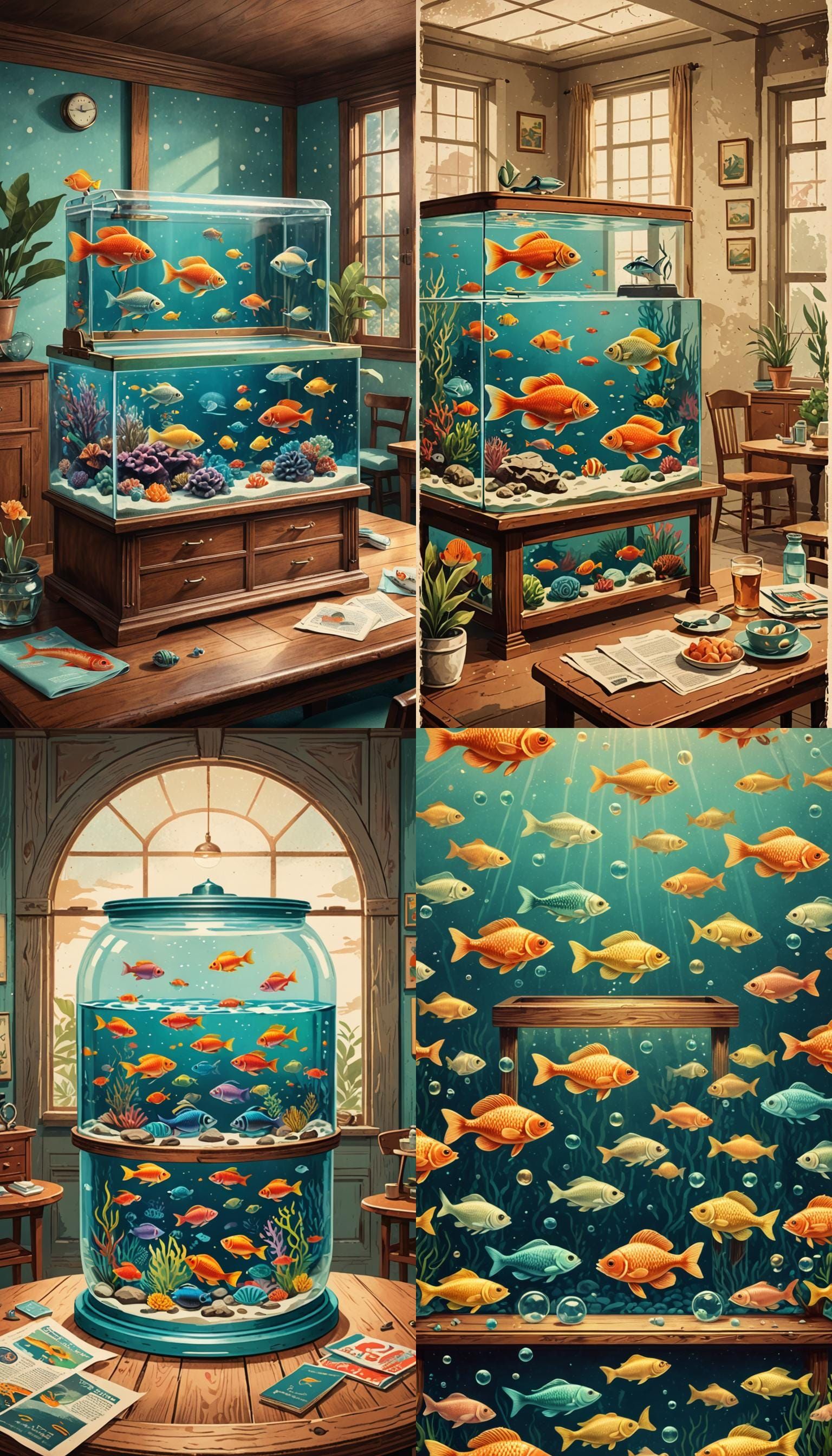 Retro 1940s Aquarium Illustration with Colorful Fish