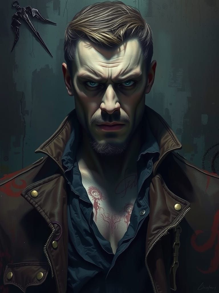 Dark Surrealist Portrait of a Gritty, Sinister Man