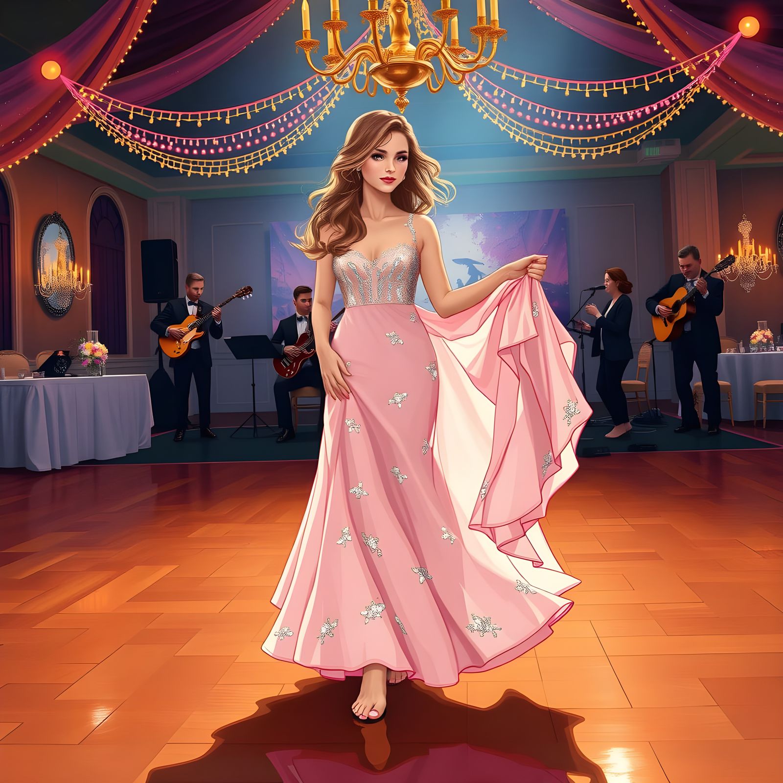 Surrealist Prom Scene in Pastel Pink with Dreamlike Brushstr...