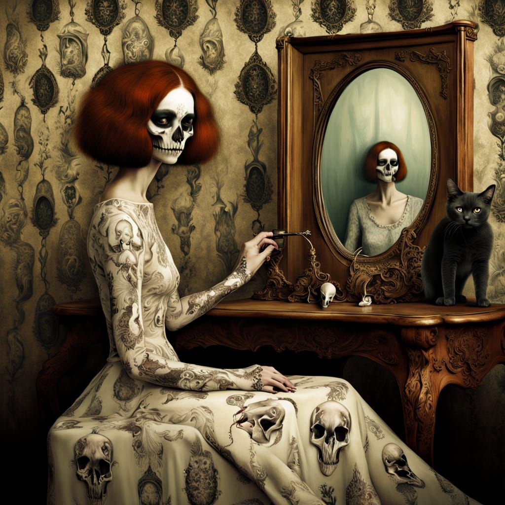 Surreal Portrait with Cat Skull Reflection