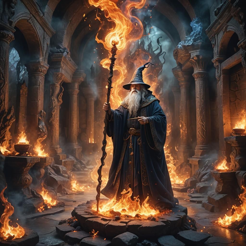 Mystical Wizard in Firelit Chamber: Fantasy Concept Art