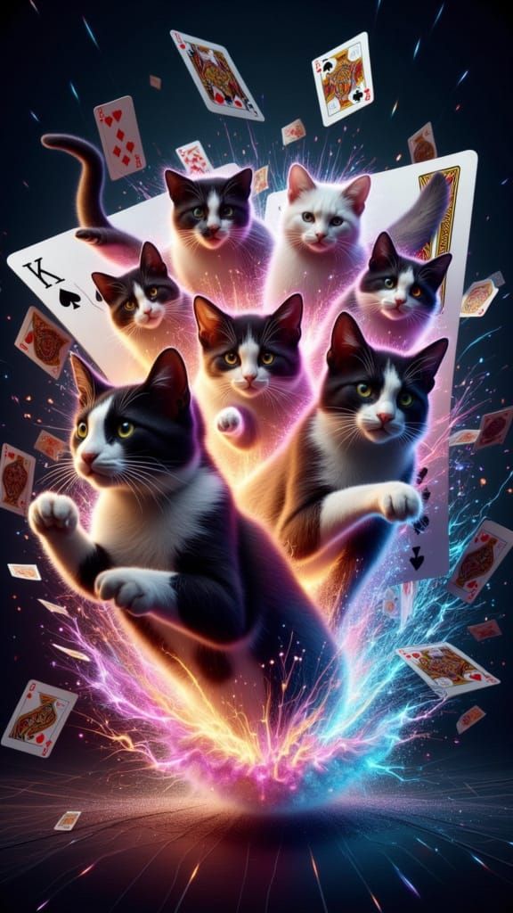 Whimsical Feline Uprising in a Magical Card Deck Explosion