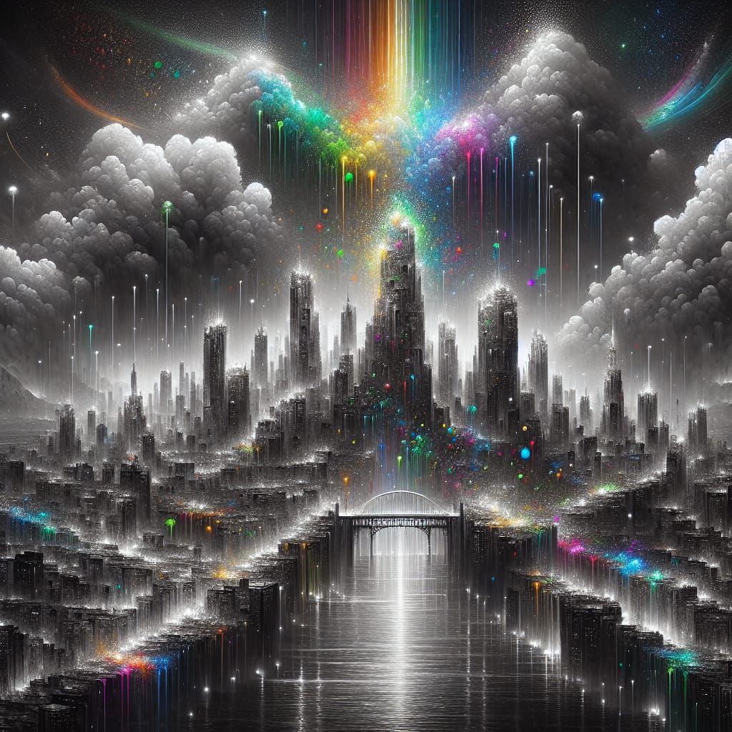 Rainbow Rain Illuminates Black and White Cityscape