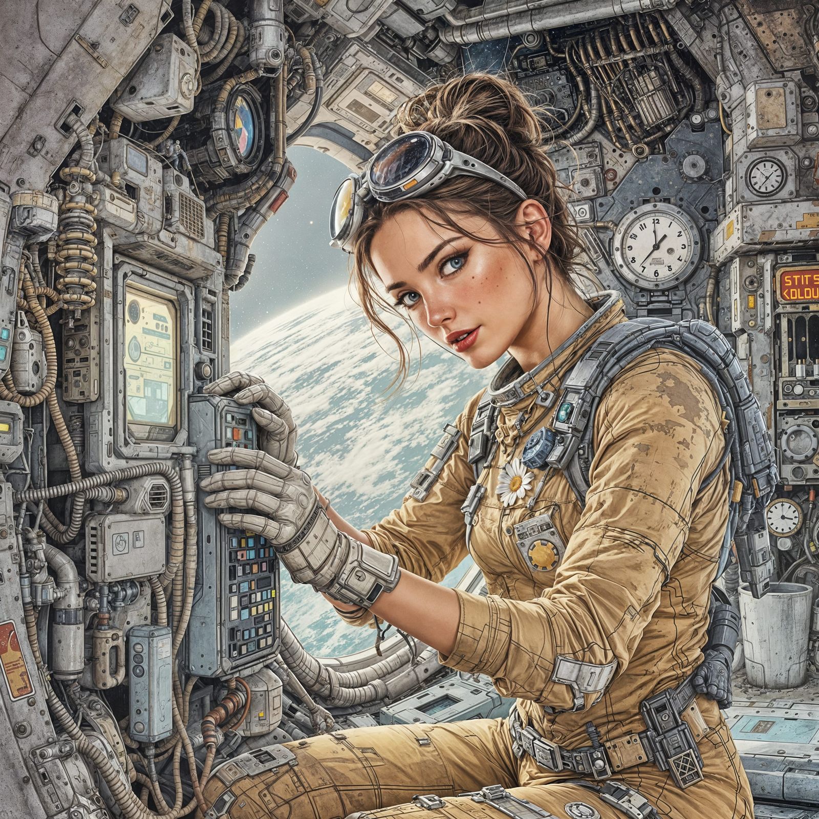 Glowing Pastel Space Station Repair Scene