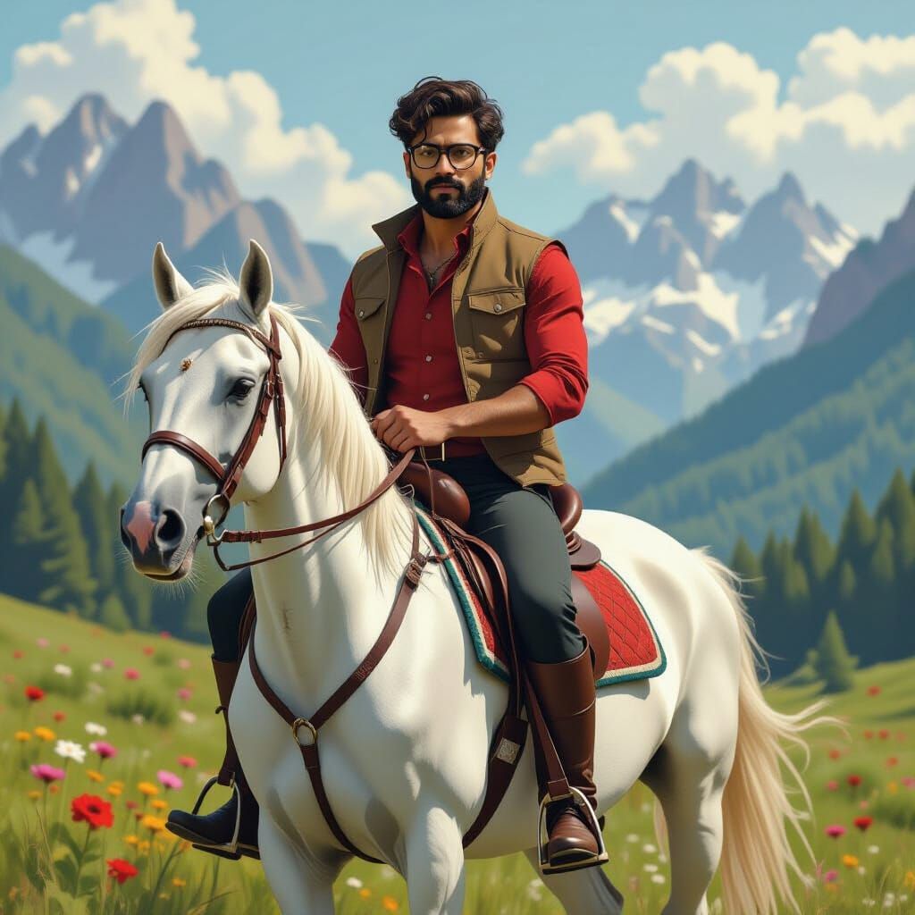 Indian Man on Horseback in Dreamy Landscape