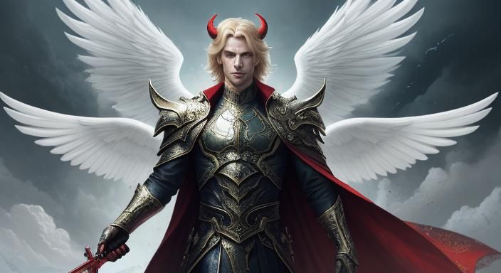 Angelic Warrior with Devilish Ally in Digital Painting