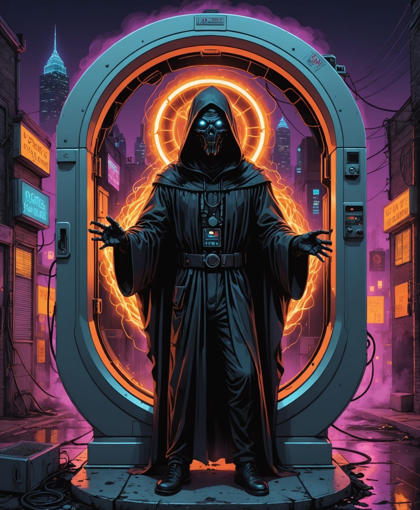 Spectral Figure Emerges in Dystopian Austin: Cyberpunk Art