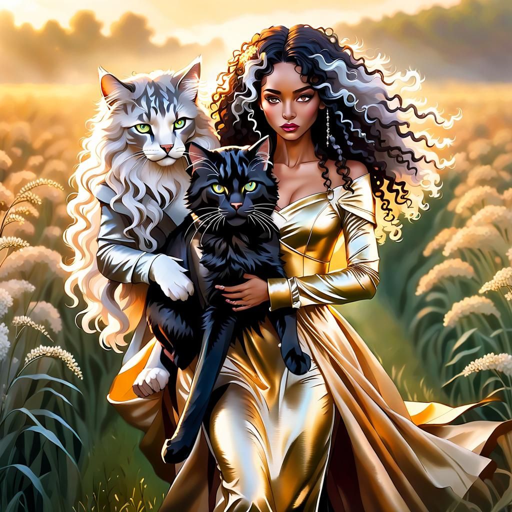 Fantasy Portrait: Feline Humanoid Carries Woman in Field