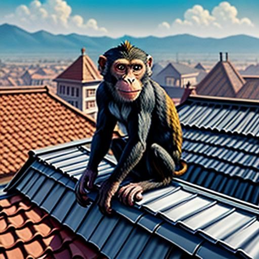 Monkey on a Roof: Hyperrealistic Cinematic Image