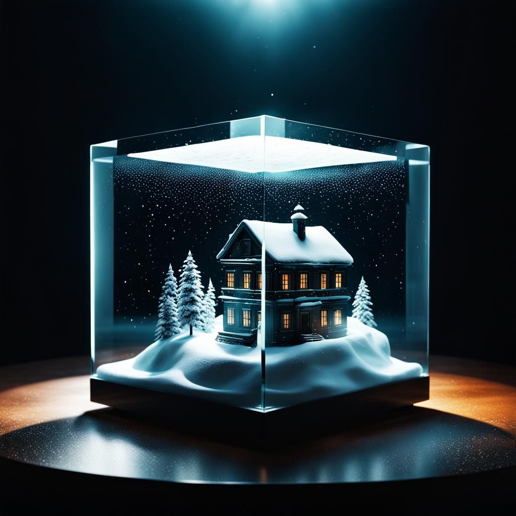 Snowy Town in Glass Cube: Atmospheric Depth