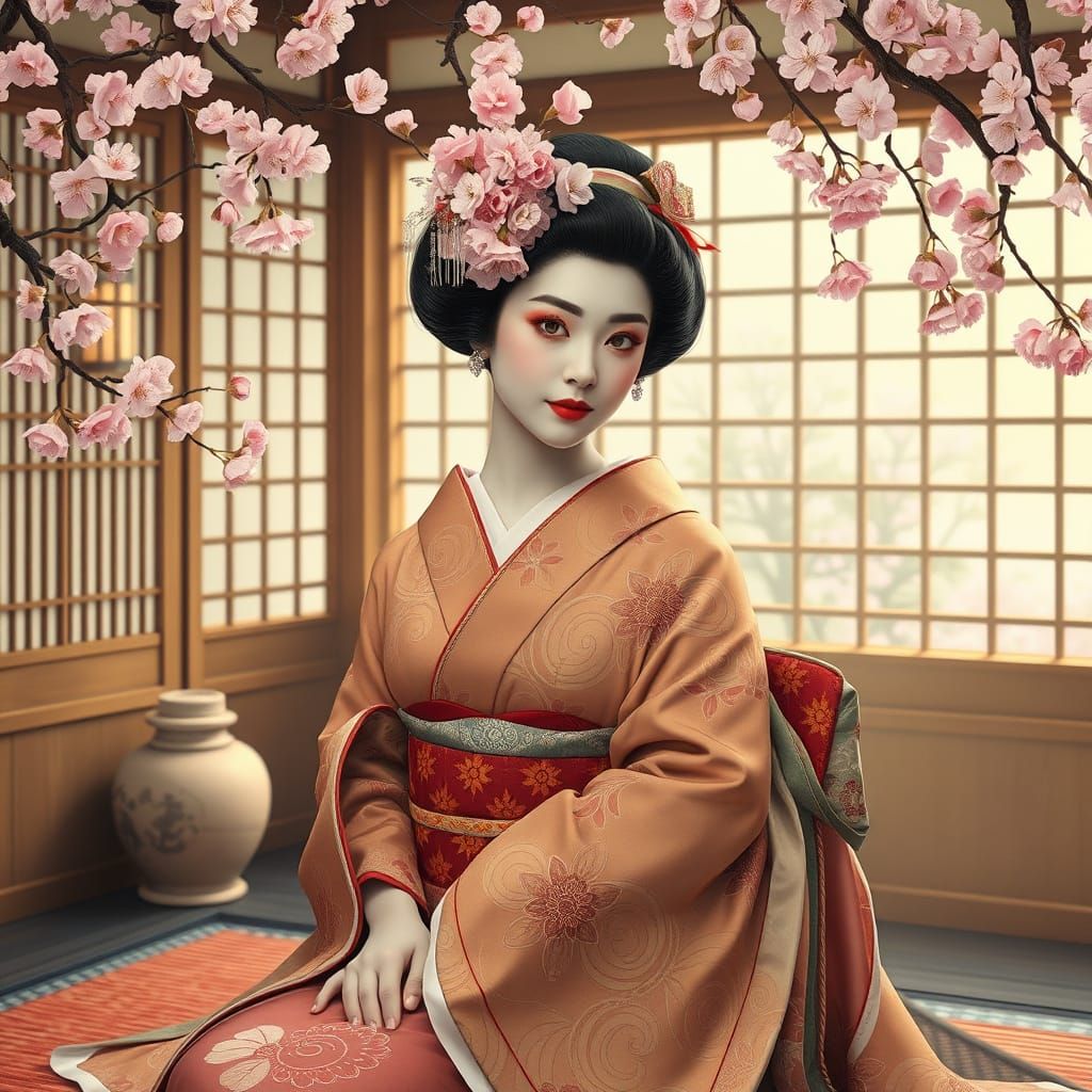 Serene Geisha in Tranquil Tea House, Inspired by Art Nouveau
