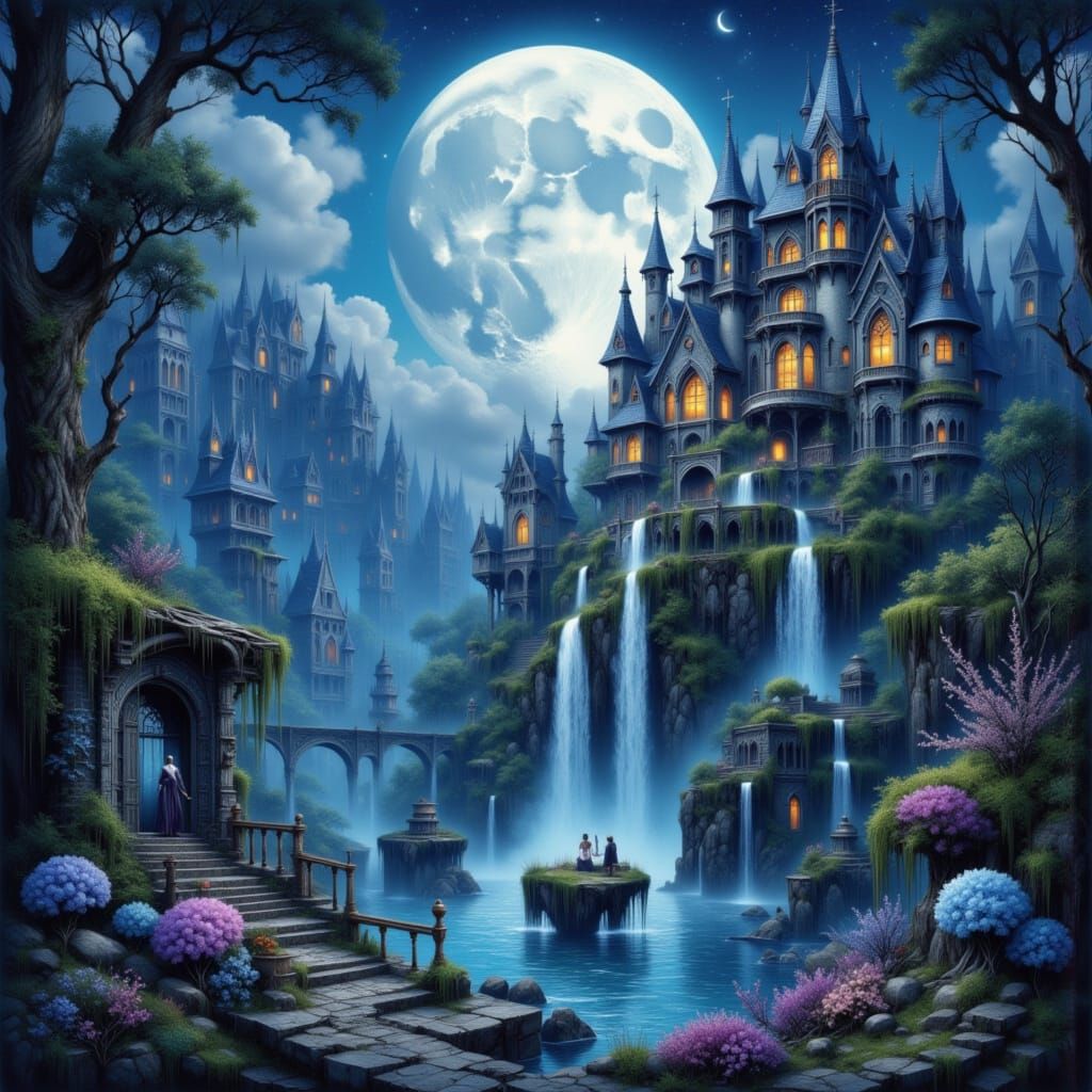 Dreamlike Pearl Moon Village in Kaleidoscope Art Style