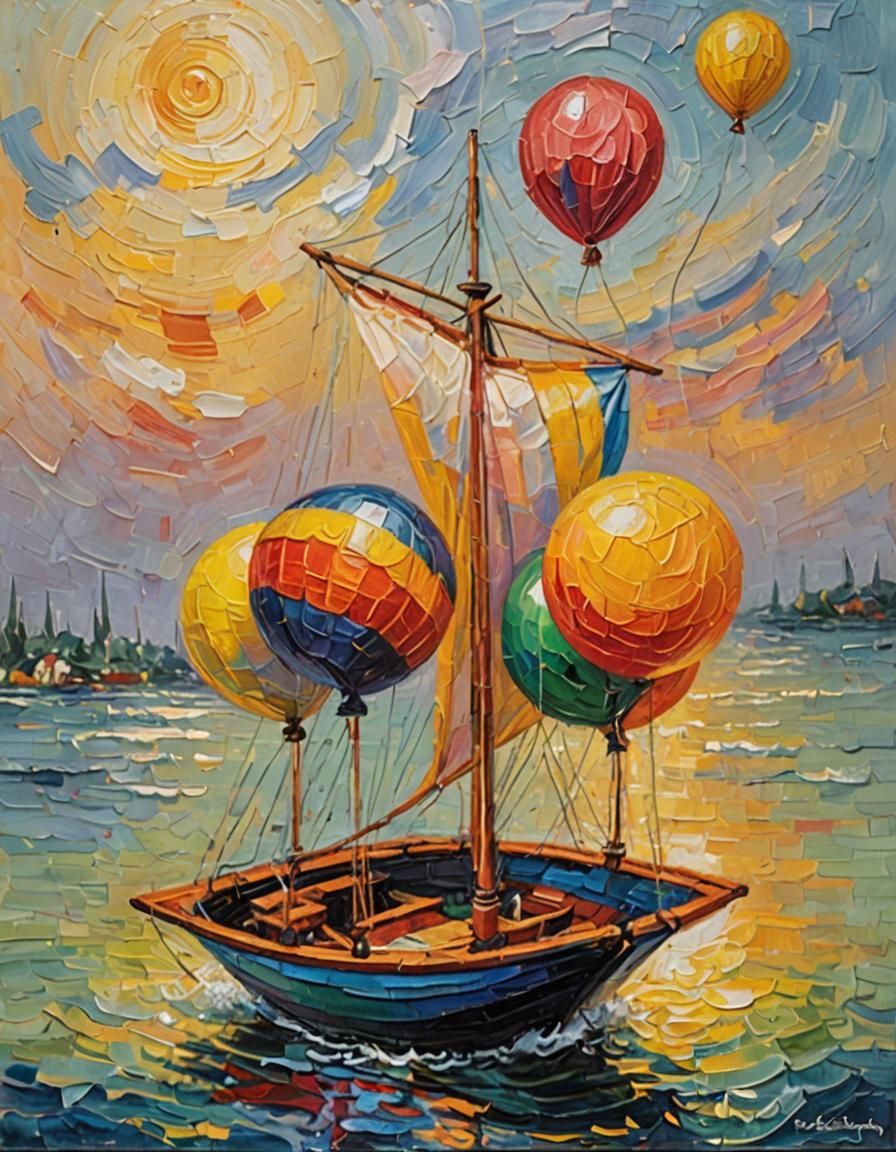 Boat with Balloon Sails as Impasto Oil Painting