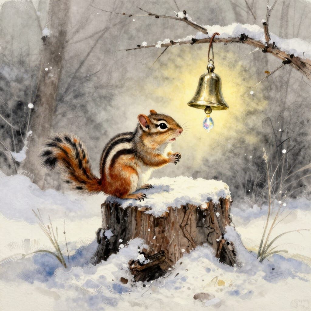 Whimsical Chipmunk Rings Icicle Bell in Snowy Forest