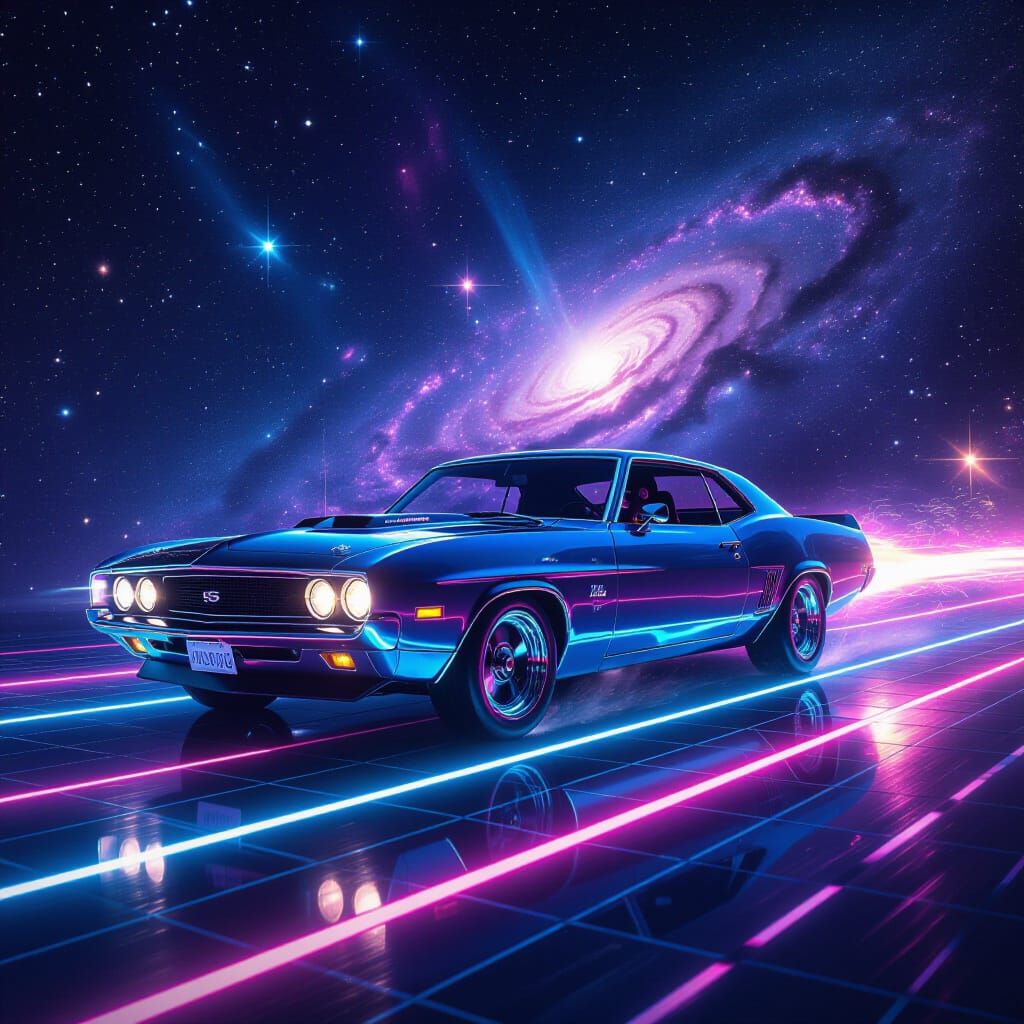 Classic Muscle Car Races Through Cyberpunk Galaxy