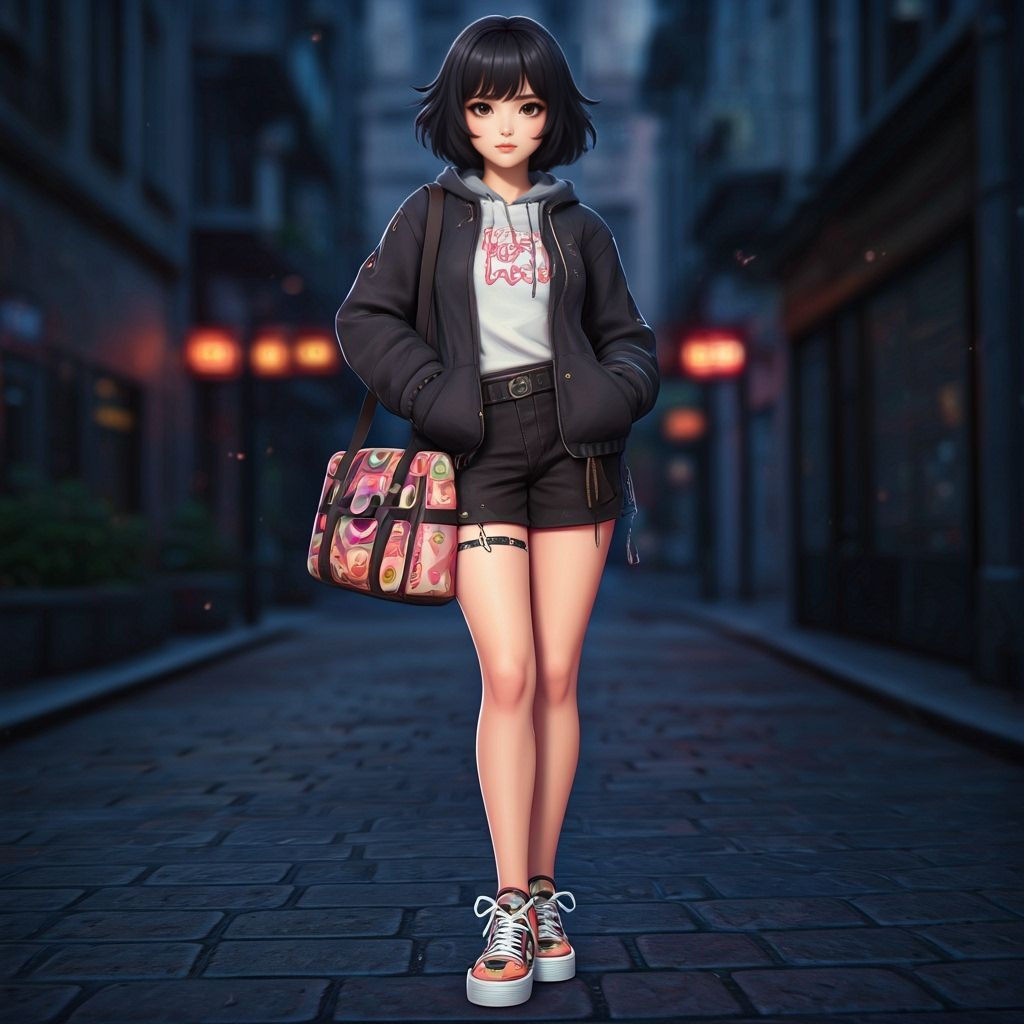 Anime Style Woman With Donut Sneakers And Bag