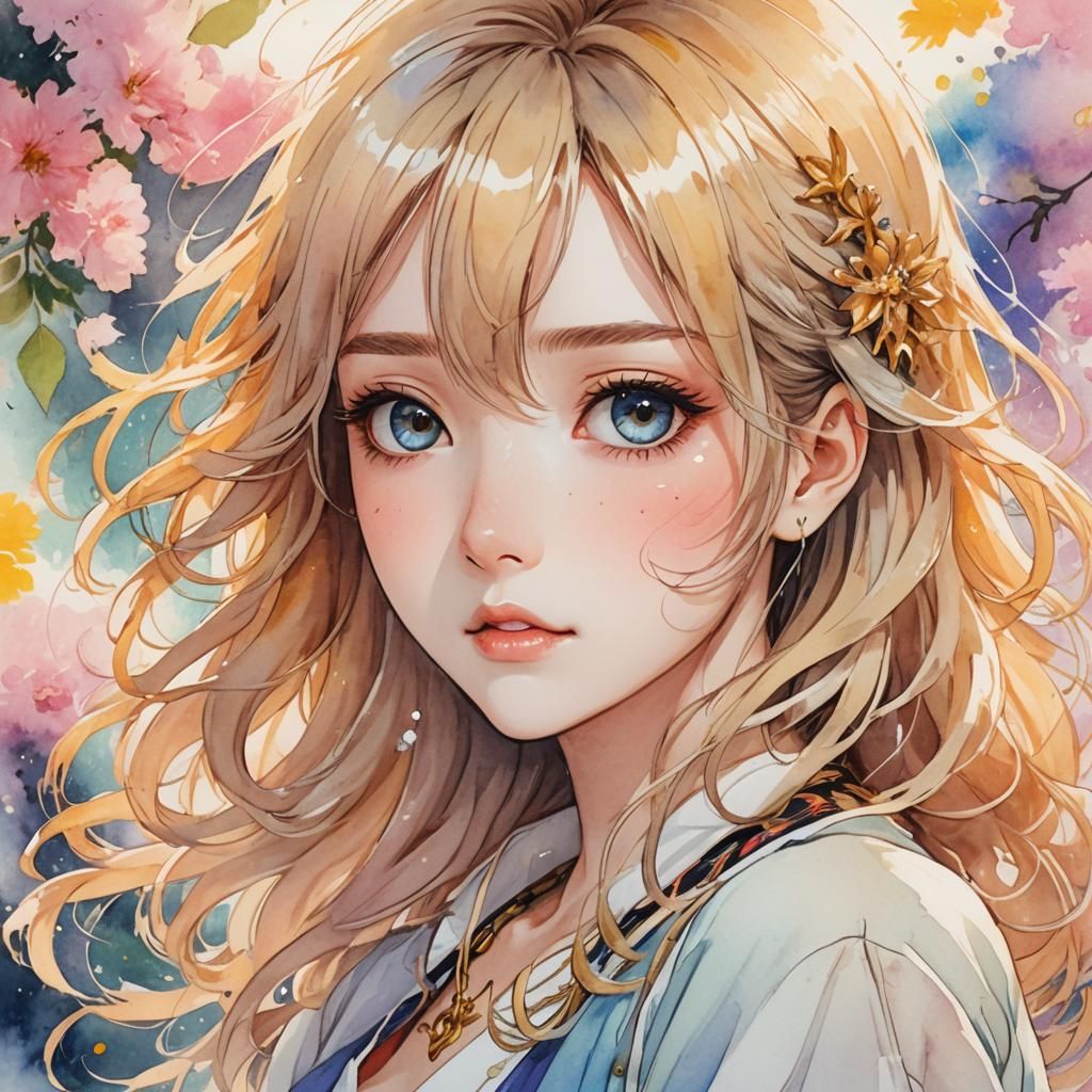 Anime Woman Flirting in Watercolor Style