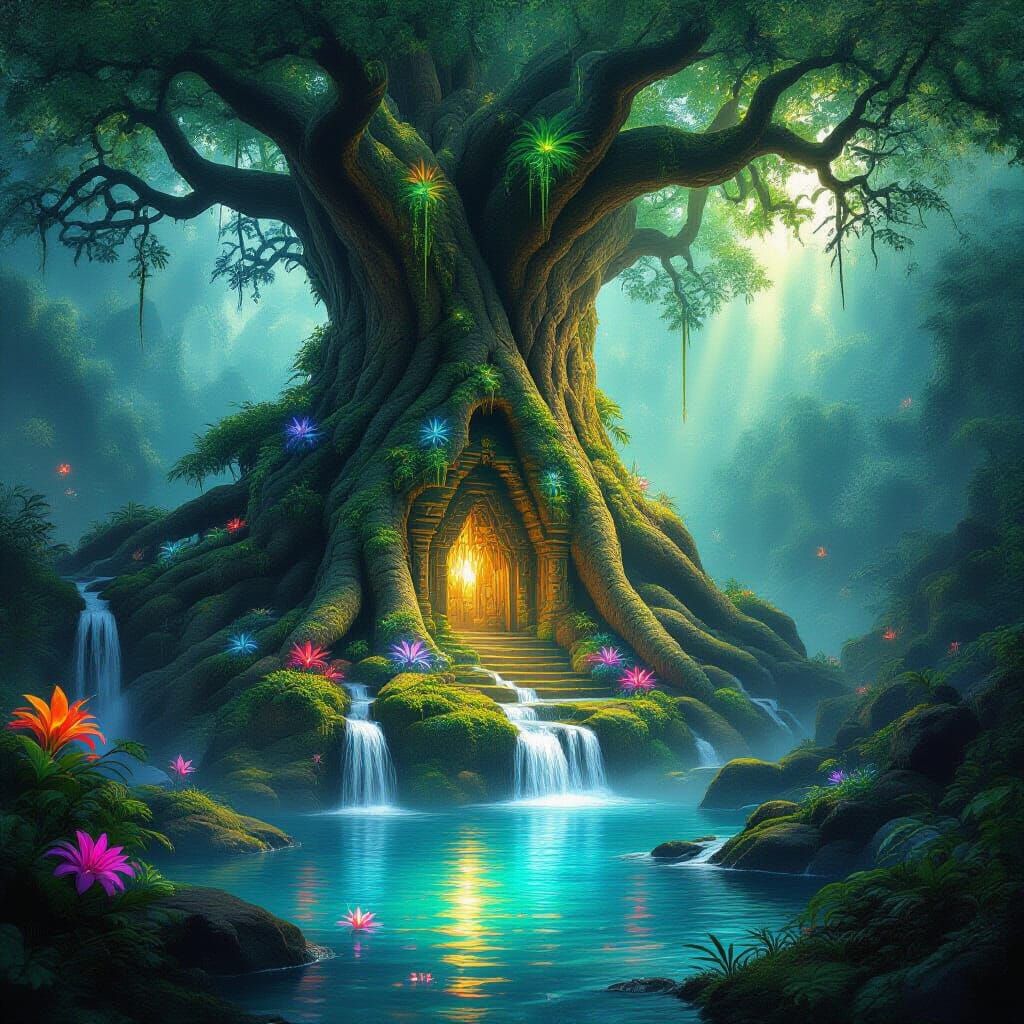 Hidden Temple in Giant Tree, Glowing Flora & Waterfalls